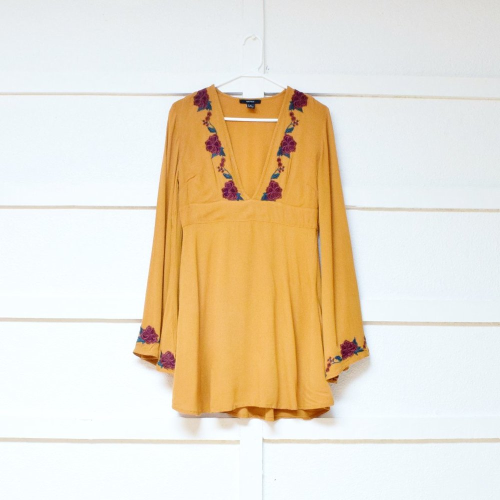 FOREVER 21 Mustard Floral Embroidered Trim Bell Sleeve Flowy Tunic Swing Dress